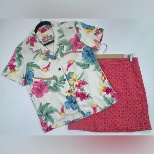 2pc Outfit Caribbean Joe Floral Hawaiian Shirt Small & J. Crew Mini Skirt Sz 4